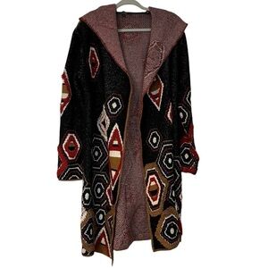 BCBG Maxsport Cardigan Longline Open Front Aztec Black Rust & Red Hooded Size S